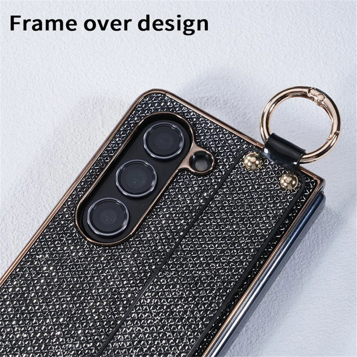 For Samsung Galaxy Z Fold6 5G Case Electroplating Glitter PC Phone Cover with Screen Film Strap Kickstand Ring Holder - Black - 5