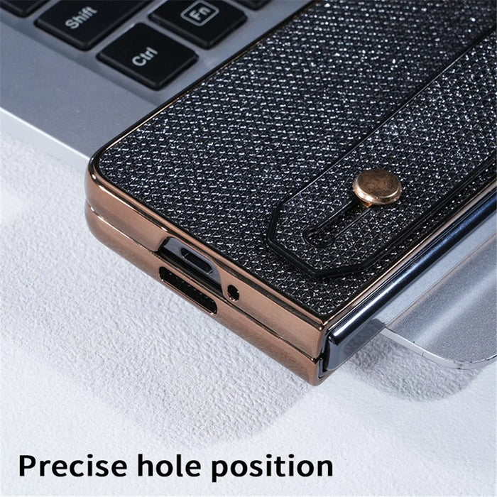 For Samsung Galaxy Z Fold6 5G Case Electroplating Glitter PC Phone Cover with Screen Film Strap Kickstand Ring Holder - Black - 7