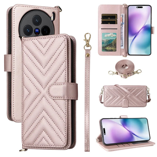 For vivo X200s 5G Stand Wallet Case with Shoulder  /  Wrist Strap Leather Phone Cover - Pink - 1