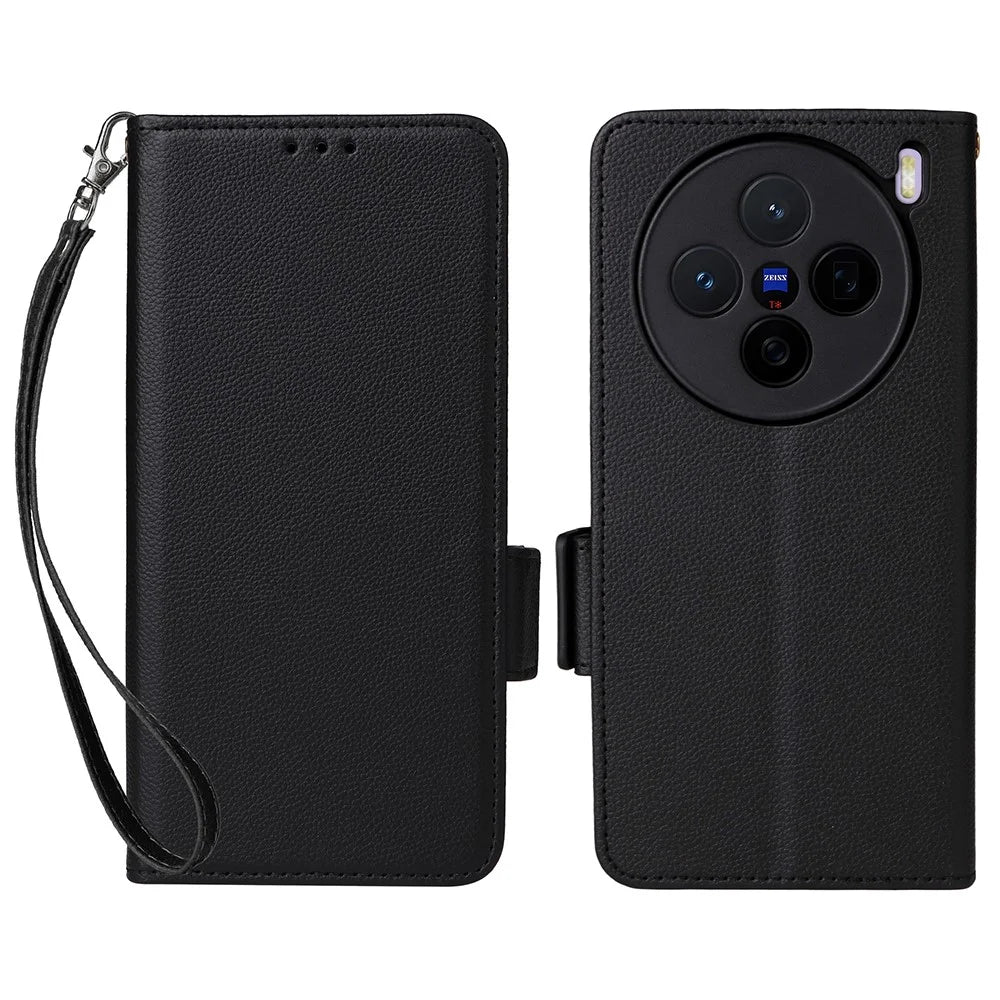 For vivo X200s 5G Leather Case with Wrist Strap Litchi Texture Wallet Phone Cover - Black - 1