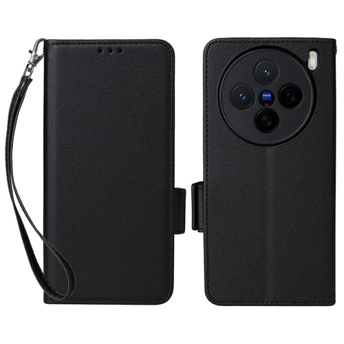 For vivo X200s 5G Leather Case with Wrist Strap Litchi Texture Wallet Phone Cover - Black - 1