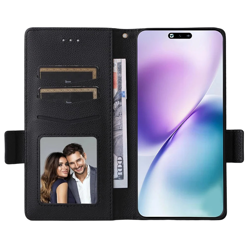 For vivo X200s 5G Leather Case with Wrist Strap Litchi Texture Wallet Phone Cover - Black - 2