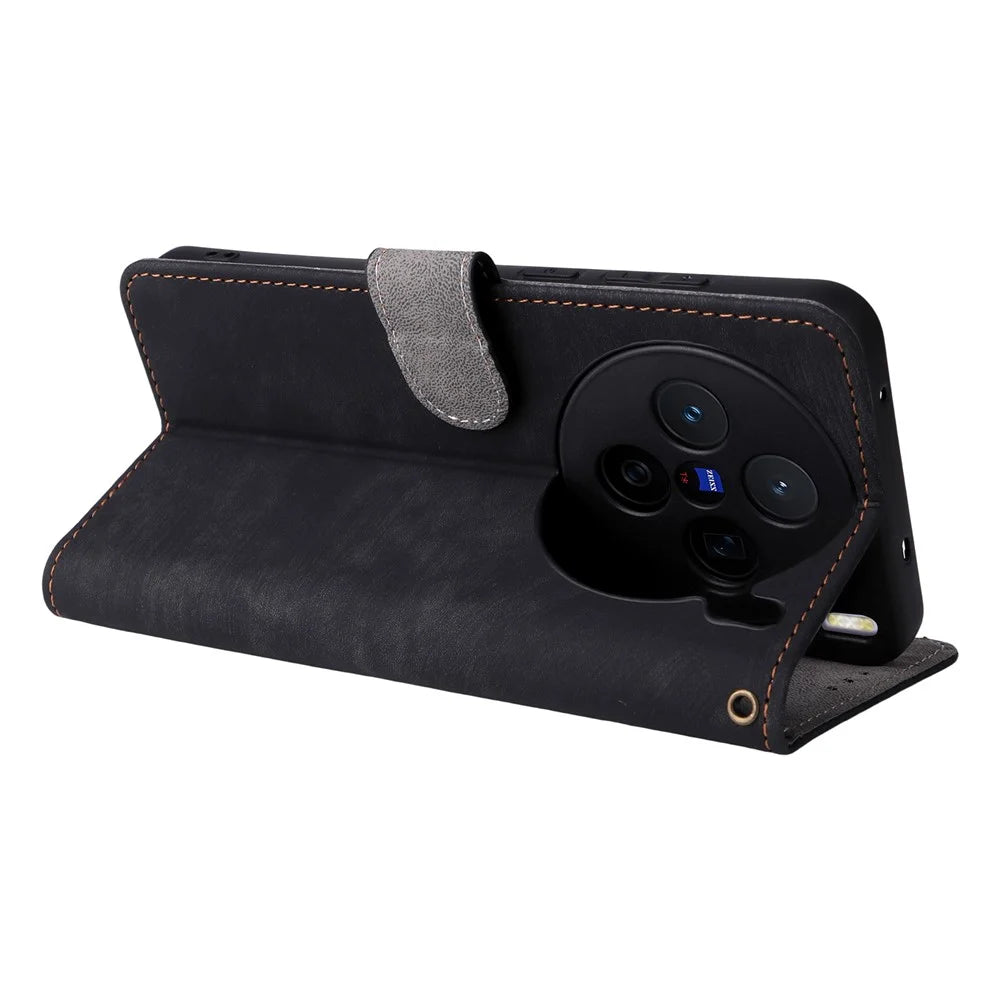 For vivo X200s 5G Case Wallet RFID Blocking PU Leather Cover Stand with Strap - Black - 5