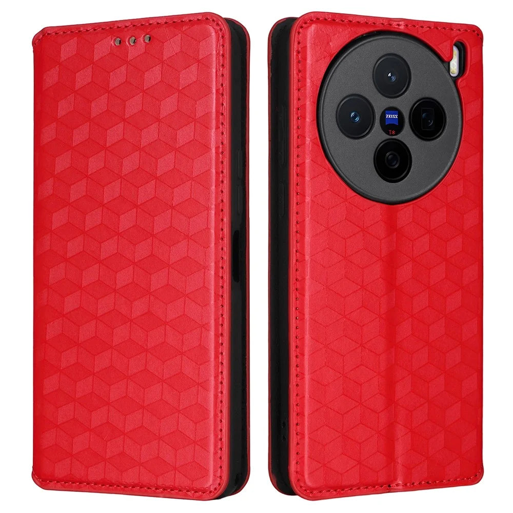 Leather Case for vivo X200s 5G Wallet Rhombus Imprinted Phone Cover - Red - 1