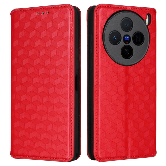 Leather Case for vivo X200s 5G Wallet Rhombus Imprinted Phone Cover - Red - 1