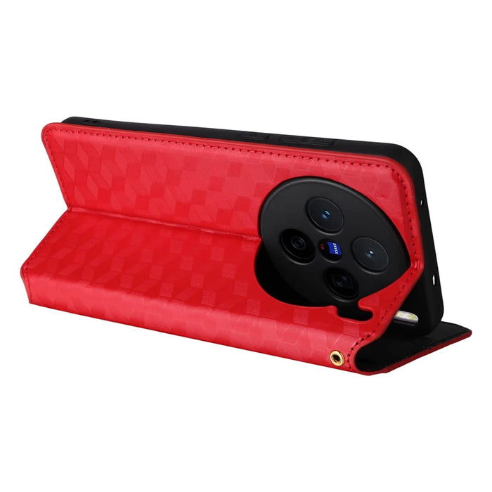 Leather Case for vivo X200s 5G Wallet Rhombus Imprinted Phone Cover - Red - 5