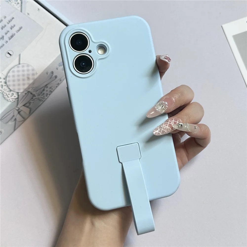 For iPhone 16 Case with Finger Strap Soft Silicone Phone Back Cover - Sky Blue - 1