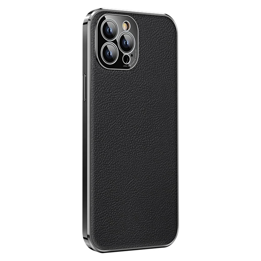 Electroplating Slim Case for iPhone 14 Pro Shockproof Case Genuine Leather Coated TPU Anti-Drop Phone Case - Black - 1