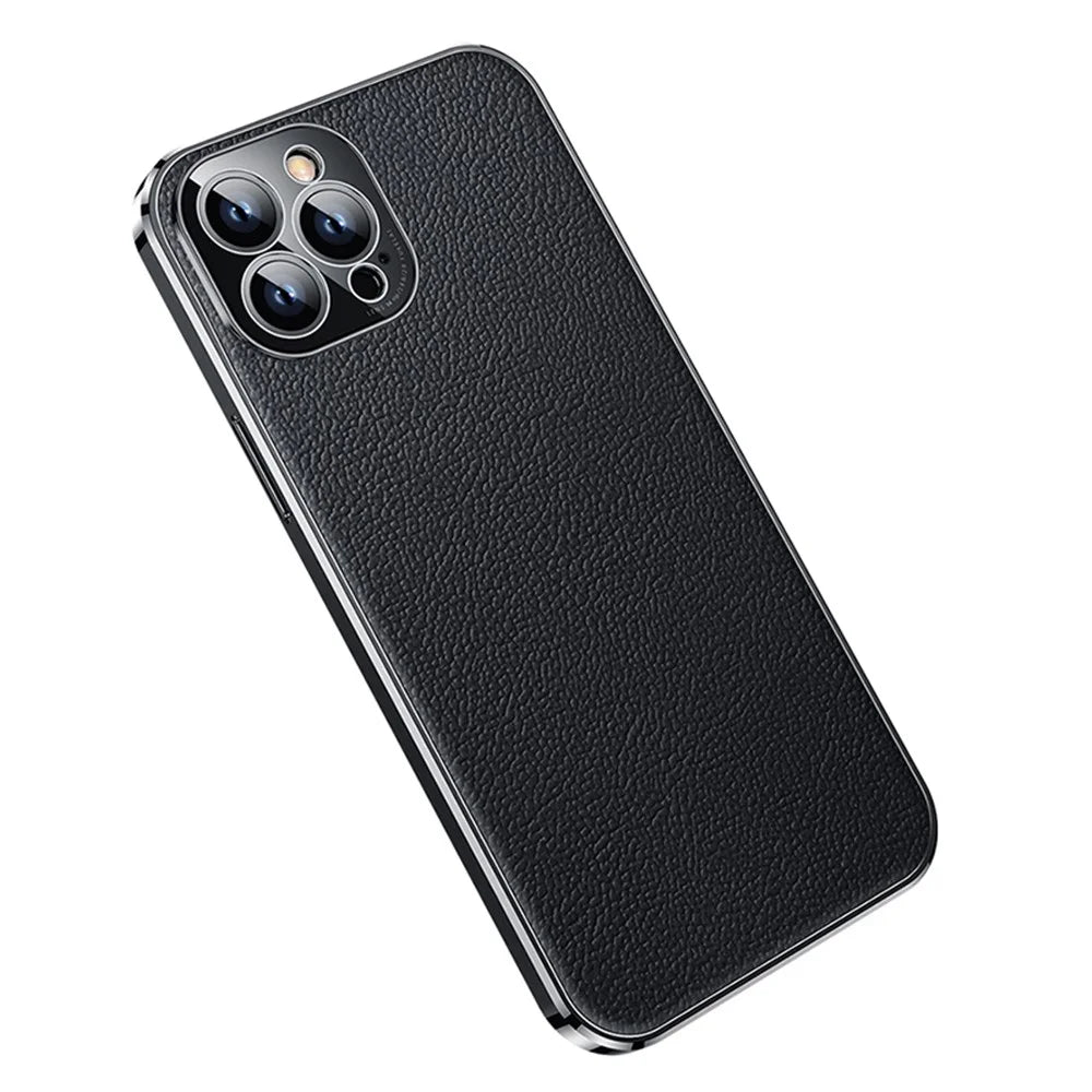 Electroplating Slim Case for iPhone 14 Pro Shockproof Case Genuine Leather Coated TPU Anti-Drop Phone Case - Black - 3