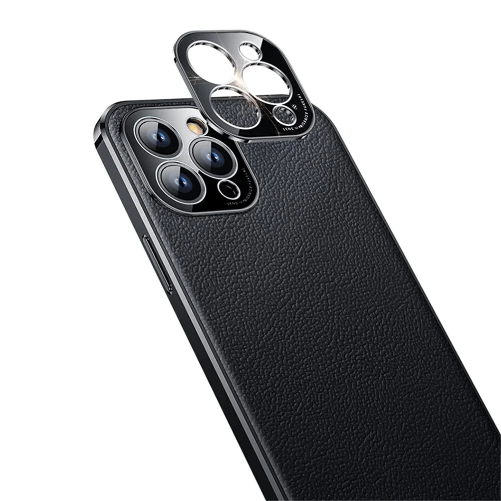 Electroplating Slim Case for iPhone 14 Pro Shockproof Case Genuine Leather Coated TPU Anti-Drop Phone Case - Black - 5