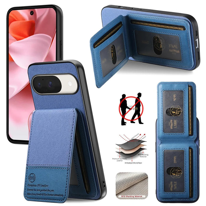 For Google Pixel 9 / Google Pixel 9 Pro / Google Pixel 10 Case Cloth Texture Leather + PC + TPU RFID Blocking Phone Cover with Card Holder - Blue - 2