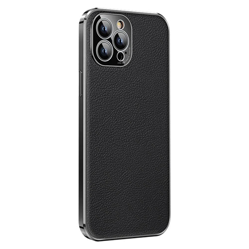 Anti-Drop Slim Case for iPhone 14 Pro Max Protective Case Genuine Leather Coated Electroplating TPU Phone Case - Black - 1
