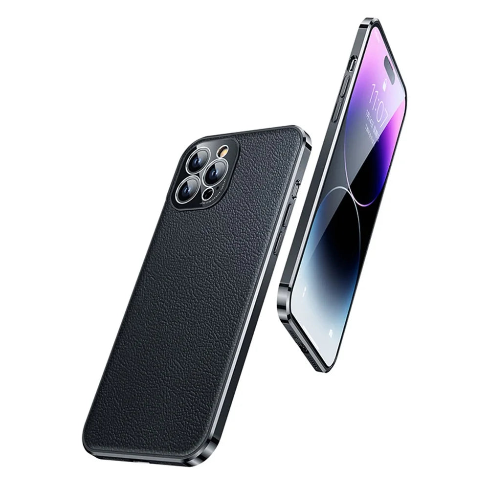 Anti-Drop Slim Case for iPhone 14 Pro Max Protective Case Genuine Leather Coated Electroplating TPU Phone Case - Black - 2