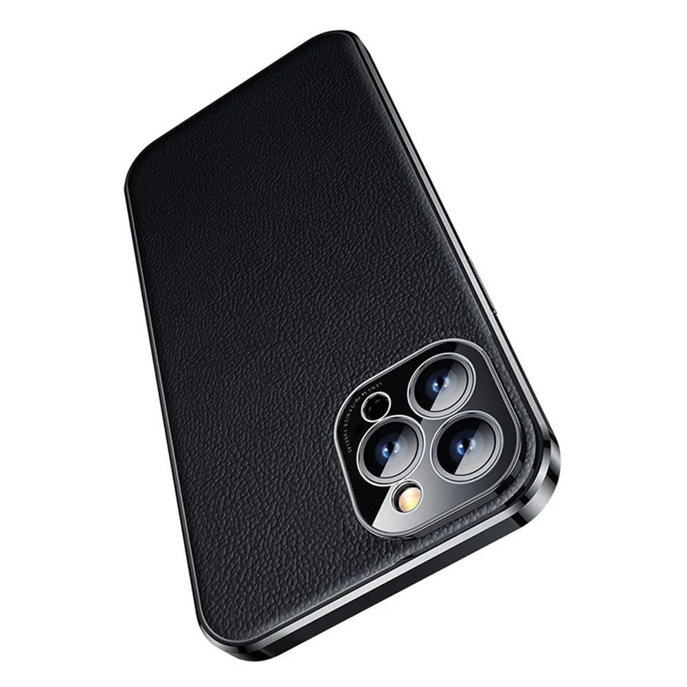 Anti-Drop Slim Case for iPhone 14 Pro Max Protective Case Genuine Leather Coated Electroplating TPU Phone Case - Black - 4
