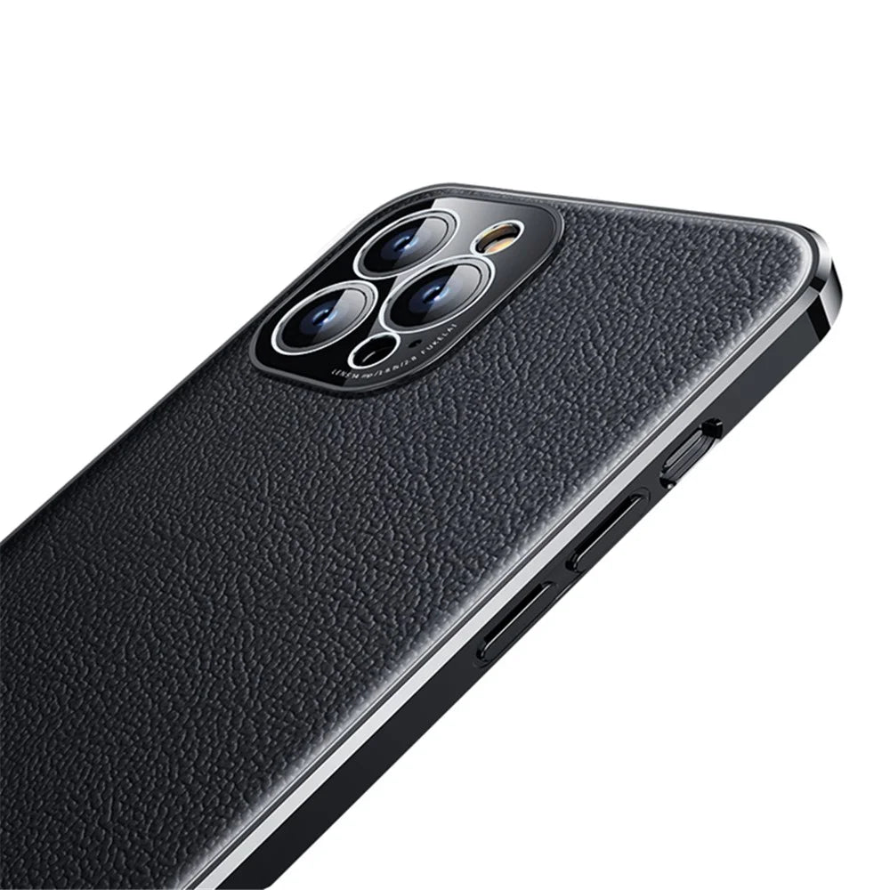 Anti-Drop Slim Case for iPhone 14 Pro Max Protective Case Genuine Leather Coated Electroplating TPU Phone Case - Black - 6