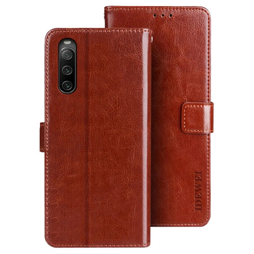 IDEWEI for Sony Xperia 10 IV 5G Crazy Horse Textured Flip Phone Case Wallet Stand PU Leather Magnetic Closure Shockproof Phone Cover - Brown - 1