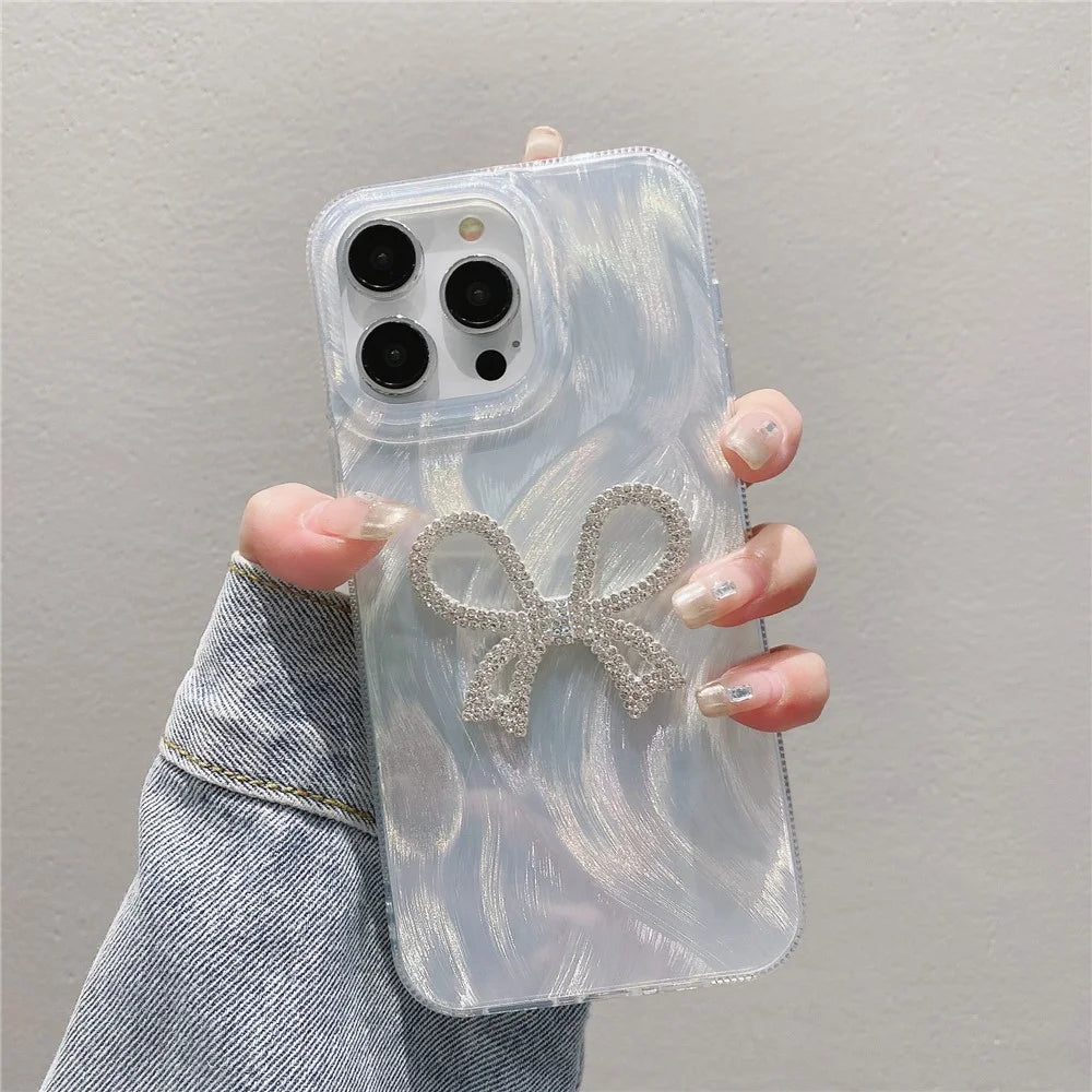 For iPhone 15 Pro Max Case Bow Decor Feather Yarn PC + TPU Phone Cover - Bow - 1