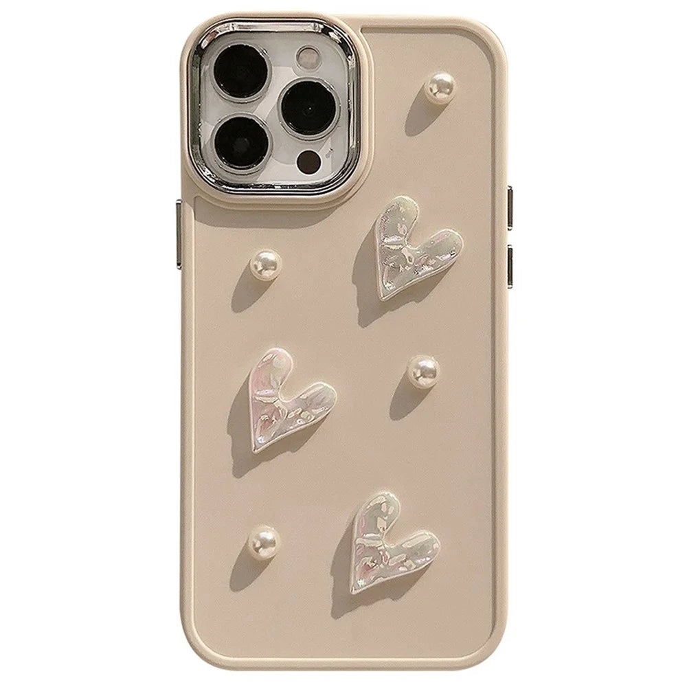 For iPhone 15 Pro Case Pearl Heart Aesthetic Shockproof TPU Phone Cover - Beige - 1