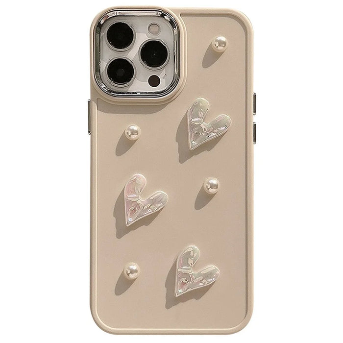 For iPhone 15 Pro Case Pearl Heart Aesthetic Shockproof TPU Phone Cover - Beige - 1