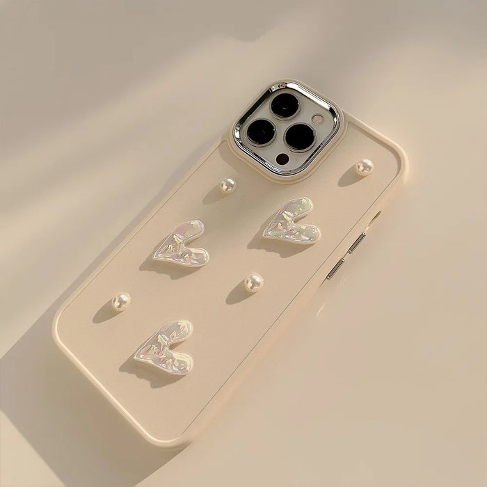 For iPhone 15 Pro Case Pearl Heart Aesthetic Shockproof TPU Phone Cover - Beige - 2