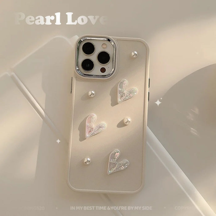 For iPhone 15 Pro Case Pearl Heart Aesthetic Shockproof TPU Phone Cover - Beige - 3