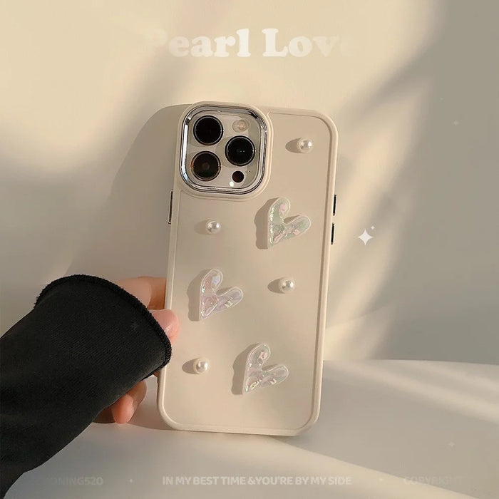 For iPhone 15 Pro Case Pearl Heart Aesthetic Shockproof TPU Phone Cover - Beige - 4