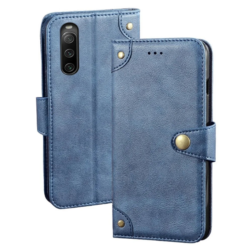 IDEWEI Shockproof Phone Case for Sony Xperia 10 IV 5G, Fine Texture PU Leather Wallet Stand Anti-scratch  Phone Cover - Blue - 1