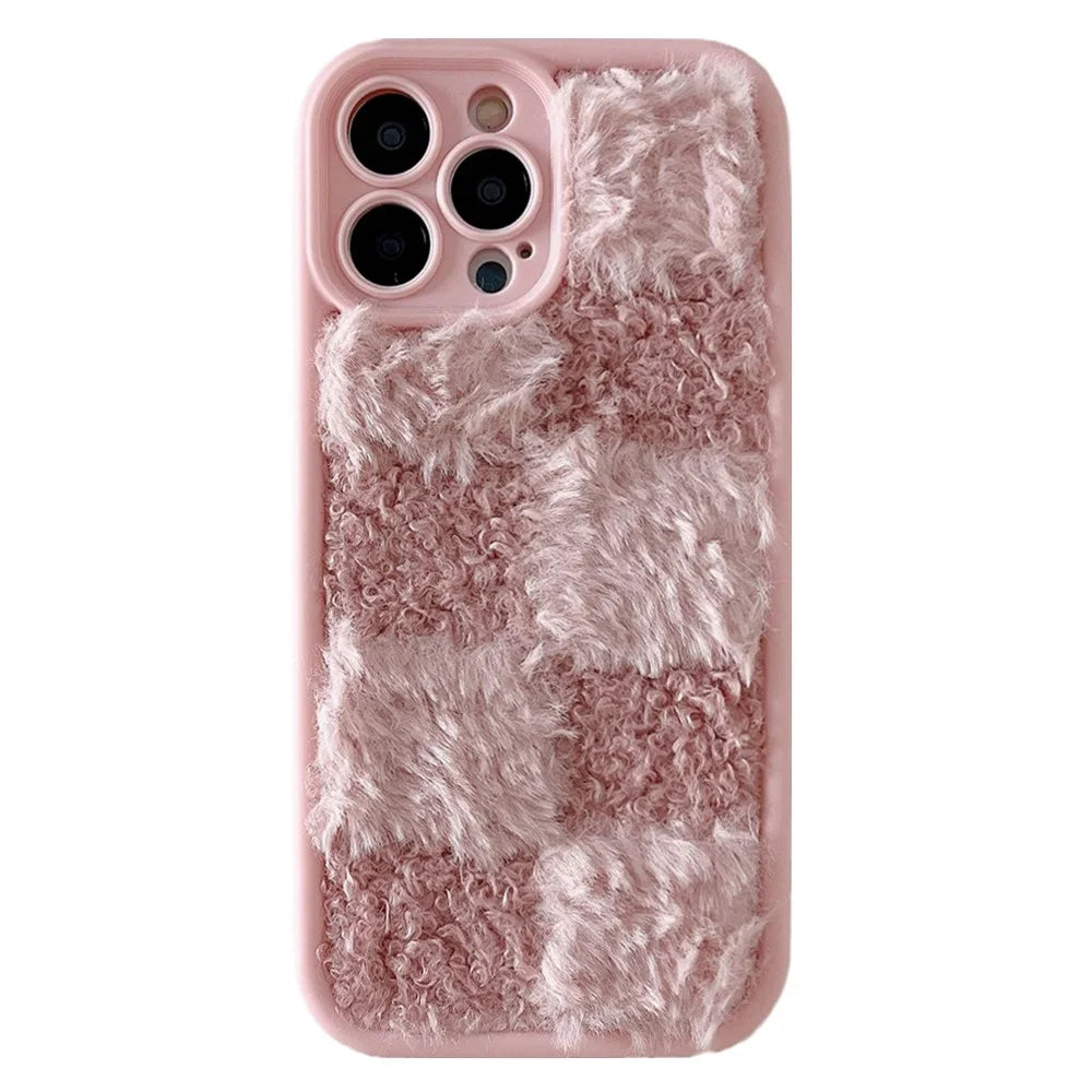For iPhone 15 Pro Max Case Plush Patchwork Grid Shockproof TPU Phone Cover - Pink - 1