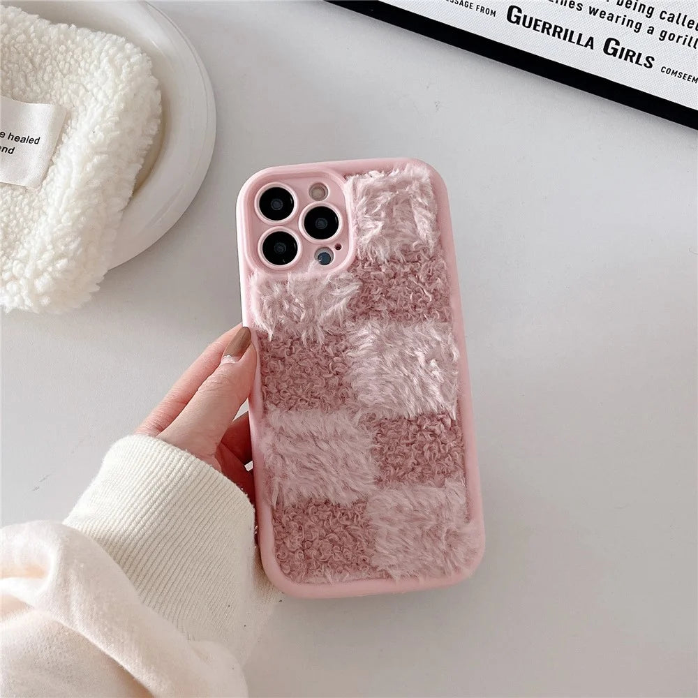 For iPhone 15 Pro Case Plush Patchwork Grid Shockproof TPU Phone Cover - Pink - 2