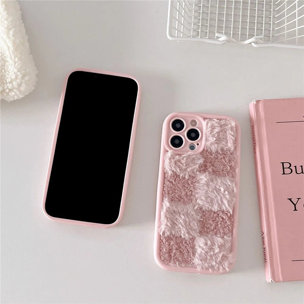 For iPhone 15 Pro Case Plush Patchwork Grid Shockproof TPU Phone Cover - Pink - 3