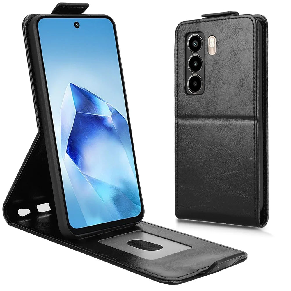 For itel Power 70 4G Stand Case Magnetic Clasp Vertical Flip Leather Phone Cover with Card Holder - Black - 1