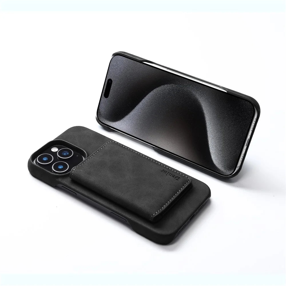 DENIOR D27 For iPhone 16 Pro Max Magnetic Case RFID Blocking Retro Leather Back Cover with Detachable Card Holder - Black - 5