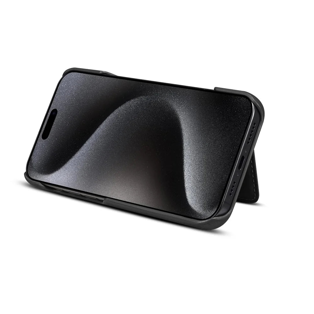 DENIOR D27 For iPhone 16 Pro Max Magnetic Case RFID Blocking Retro Leather Back Cover with Detachable Card Holder - Black - 6