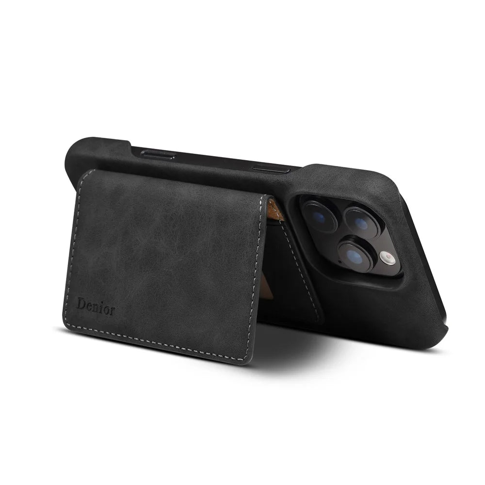 DENIOR D27 For iPhone 16 Pro Max Magnetic Case RFID Blocking Retro Leather Back Cover with Detachable Card Holder - Black - 7