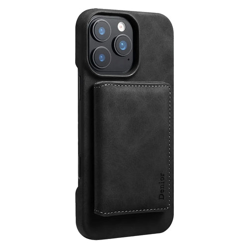 DENIOR D27 For iPhone 16 Pro Magnetic Case RFID Blocking Retro Leather Back Cover with Detachable Card Holder - Black - 1