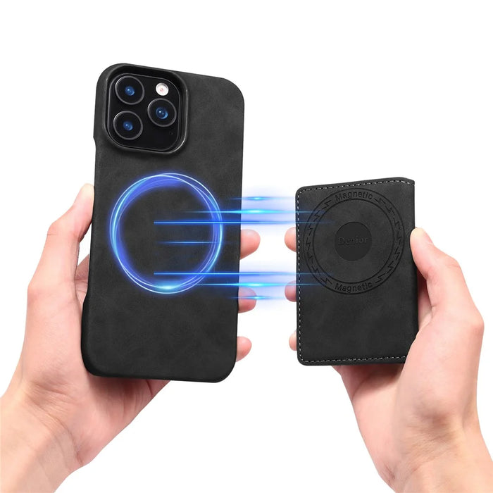 DENIOR D27 For iPhone 16 Pro Magnetic Case RFID Blocking Retro Leather Back Cover with Detachable Card Holder - Black - 3
