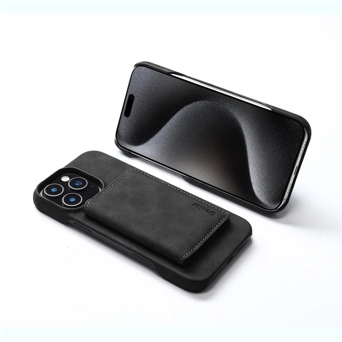 DENIOR D27 For iPhone 16 Pro Magnetic Case RFID Blocking Retro Leather Back Cover with Detachable Card Holder - Black - 5