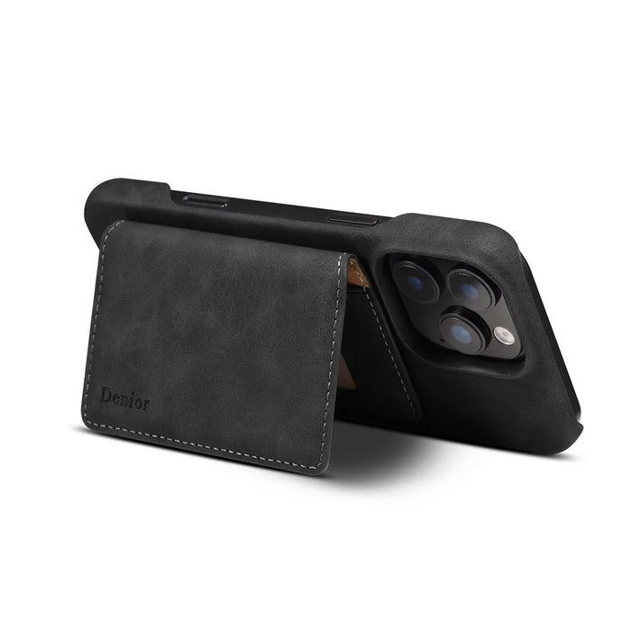 DENIOR D27 For iPhone 16 Pro Magnetic Case RFID Blocking Retro Leather Back Cover with Detachable Card Holder - Black - 7