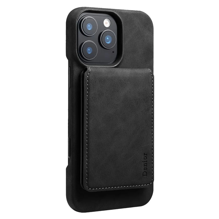 DENIOR D28 For iPhone 16 Pro Magnetic Case RFID Blocking Retro Leather Back Cover with Card Holder Kickstand - Black - 1