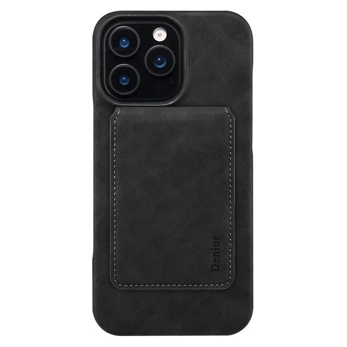 DENIOR D28 For iPhone 16 Pro Magnetic Case RFID Blocking Retro Leather Back Cover with Card Holder Kickstand - Black - 2
