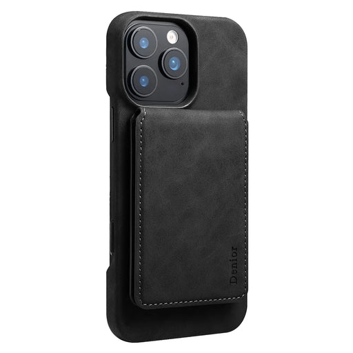 DENIOR D28 For iPhone 16 Pro Max Magnetic Case RFID Blocking Retro Leather Back Cover with Card Holder Kickstand - Black - 1