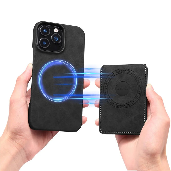 DENIOR D28 For iPhone 16 Pro Max Magnetic Case RFID Blocking Retro Leather Back Cover with Card Holder Kickstand - Black - 3