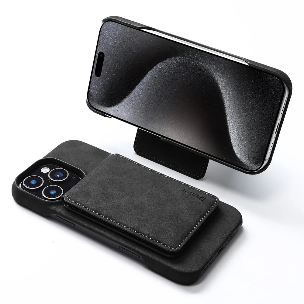 DENIOR D28 For iPhone 16 Pro Max Magnetic Case RFID Blocking Retro Leather Back Cover with Card Holder Kickstand - Black - 5
