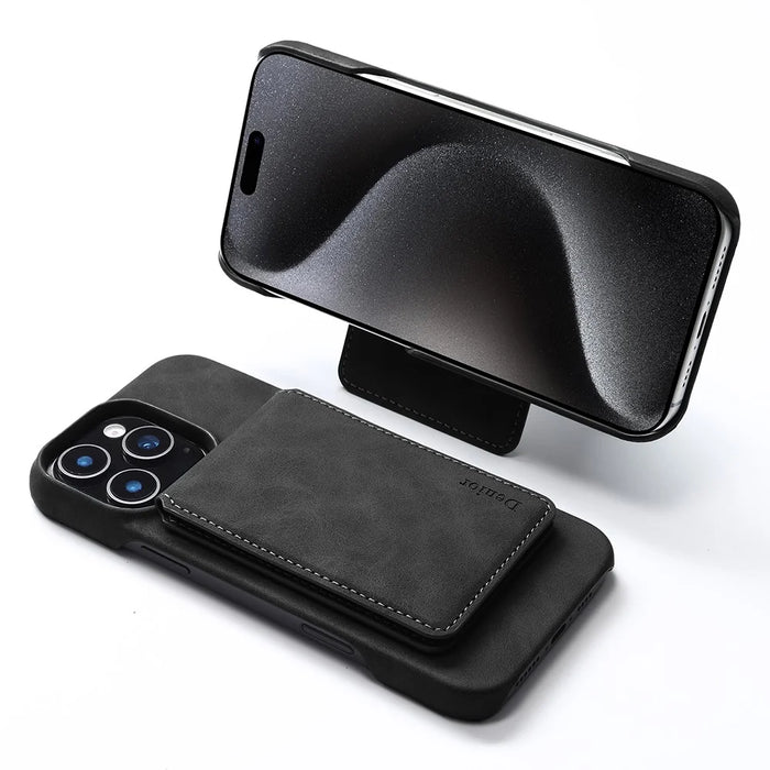 DENIOR D28 For iPhone 16 Pro Max Magnetic Case RFID Blocking Retro Leather Back Cover with Card Holder Kickstand - Black - 5