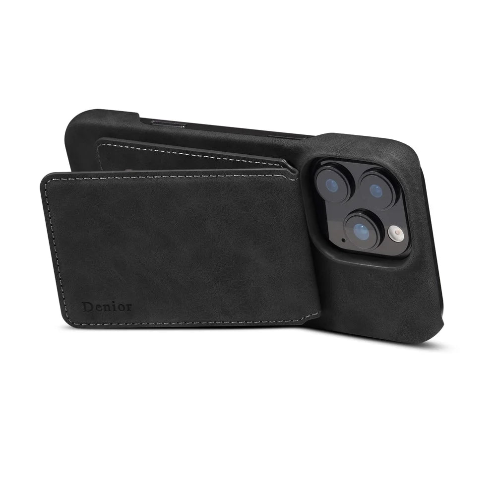 DENIOR D28 For iPhone 16 Pro Max Magnetic Case RFID Blocking Retro Leather Back Cover with Card Holder Kickstand - Black - 6