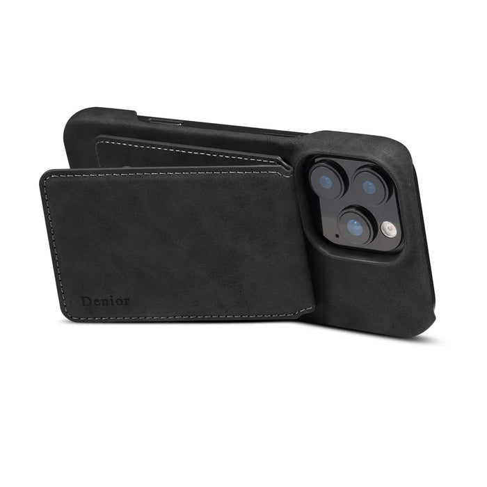 DENIOR D28 For iPhone 16 Pro Max Magnetic Case RFID Blocking Retro Leather Back Cover with Card Holder Kickstand - Black - 6