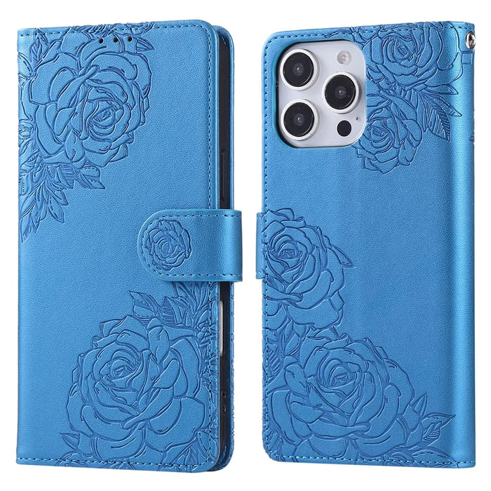 For iPhone 13 Pro Case Rose Flower PU Leather Wallet Phone Cover with 3 Card Slots - Blue - 1