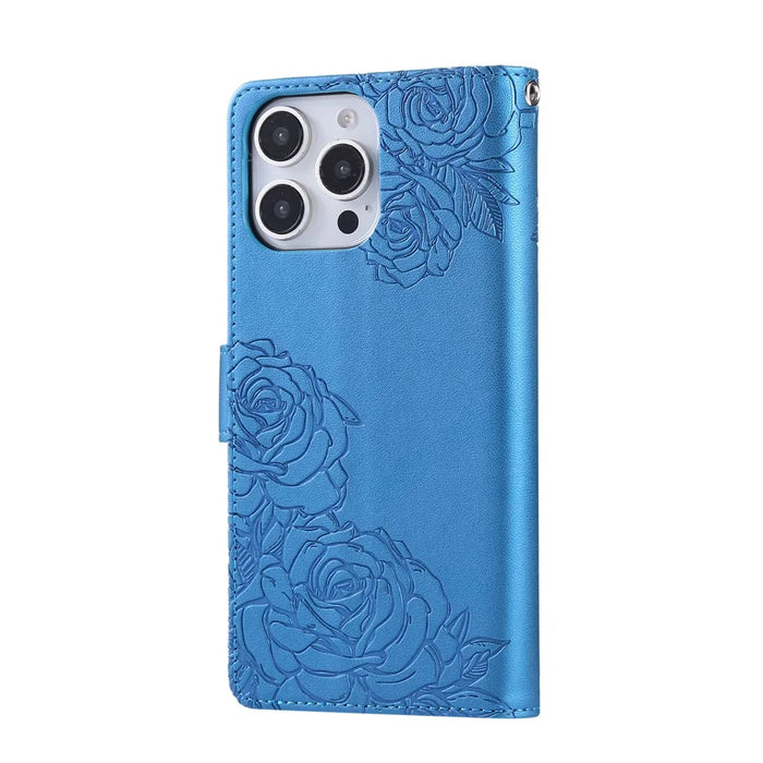 For iPhone 13 Pro Case Rose Flower PU Leather Wallet Phone Cover with 3 Card Slots - Blue - 6