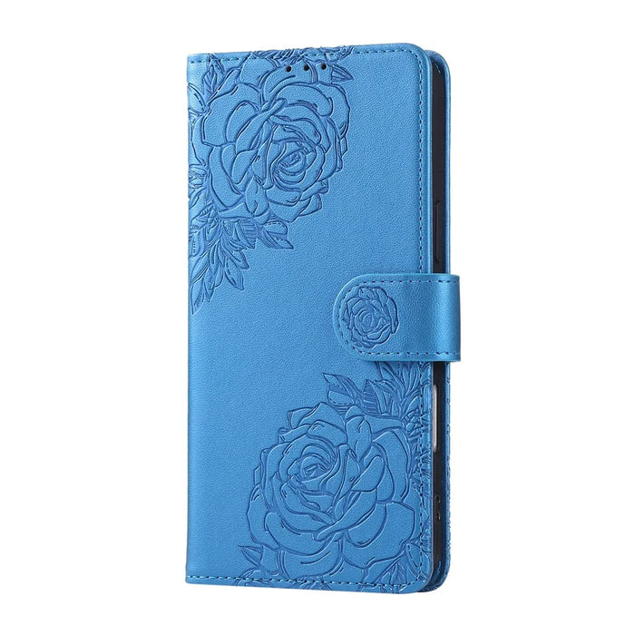 For iPhone 13 Pro Case Rose Flower PU Leather Wallet Phone Cover with 3 Card Slots - Blue - 7