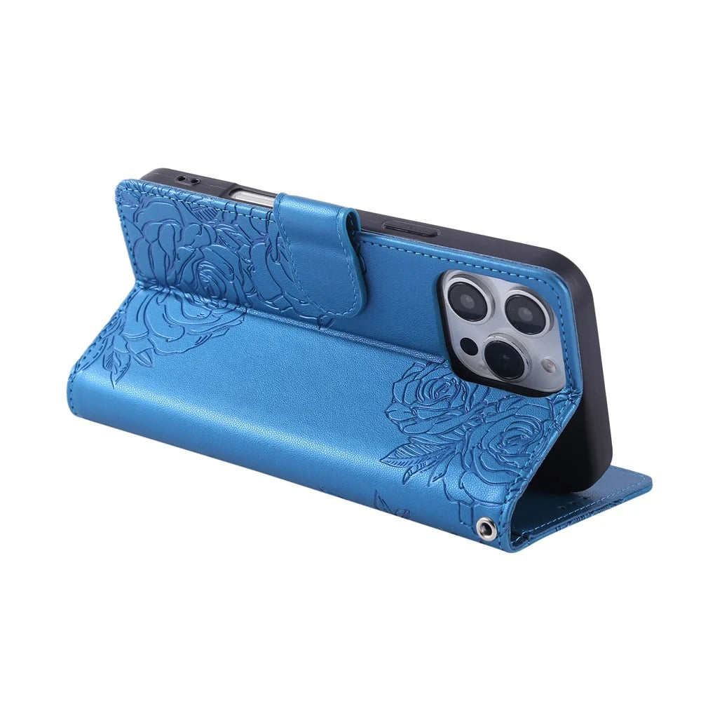 For iPhone 13 Pro Max Case Rose Flower PU Leather Wallet Phone Cover with 3 Card Slots - Blue - 4